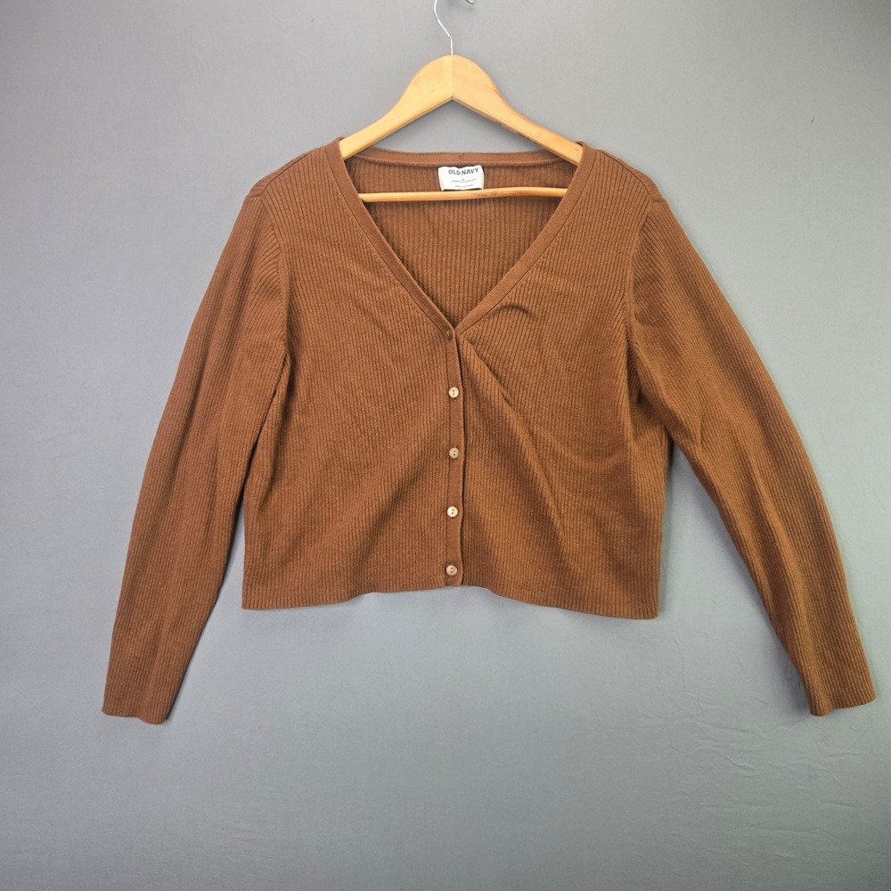 Old Navy Cardigan Sweater XL Brown Ribbed V-Neck Button Up Livaeco Knit Womens